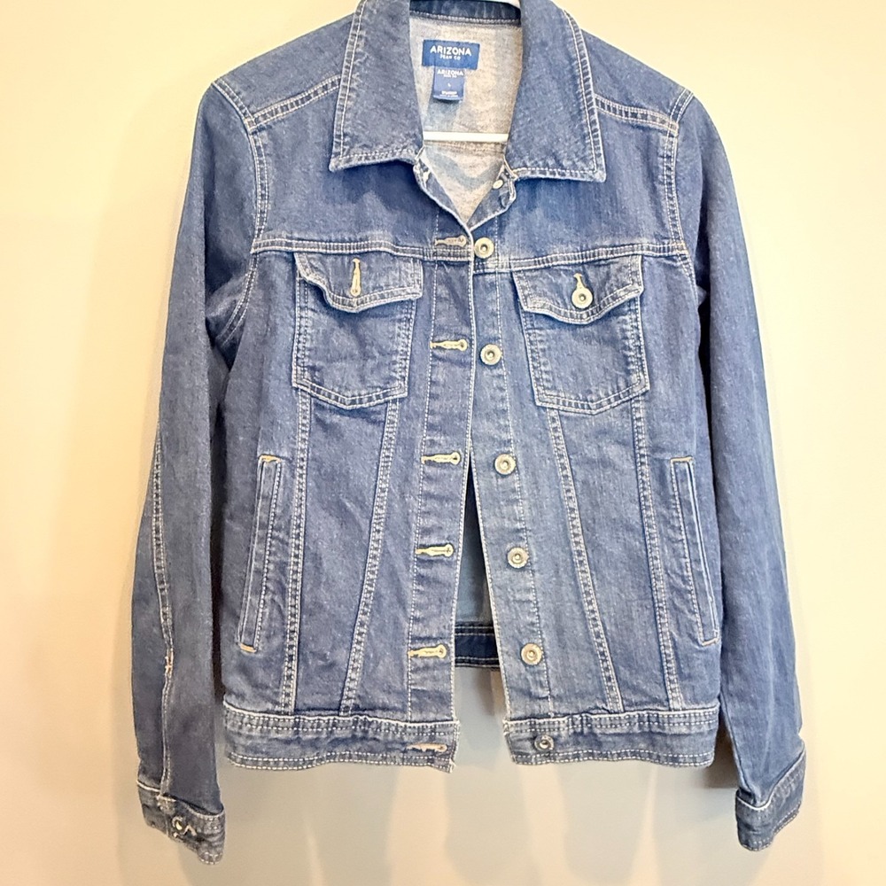 Arizona Jean Co Denim Jacket Women's Large Blue Stretch Button Front Trucker